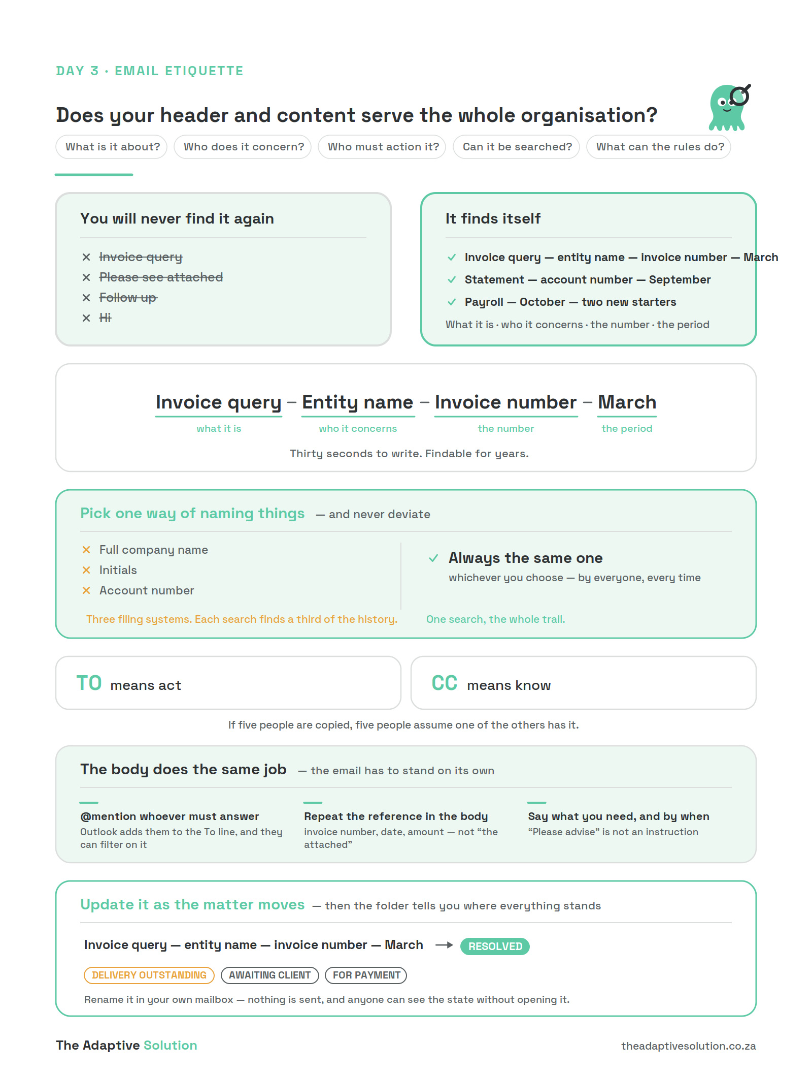 Subject lines that cannot be found against ones that can, the anatomy of a good subject line, consistent naming, To and CC, the message body, and status tags.